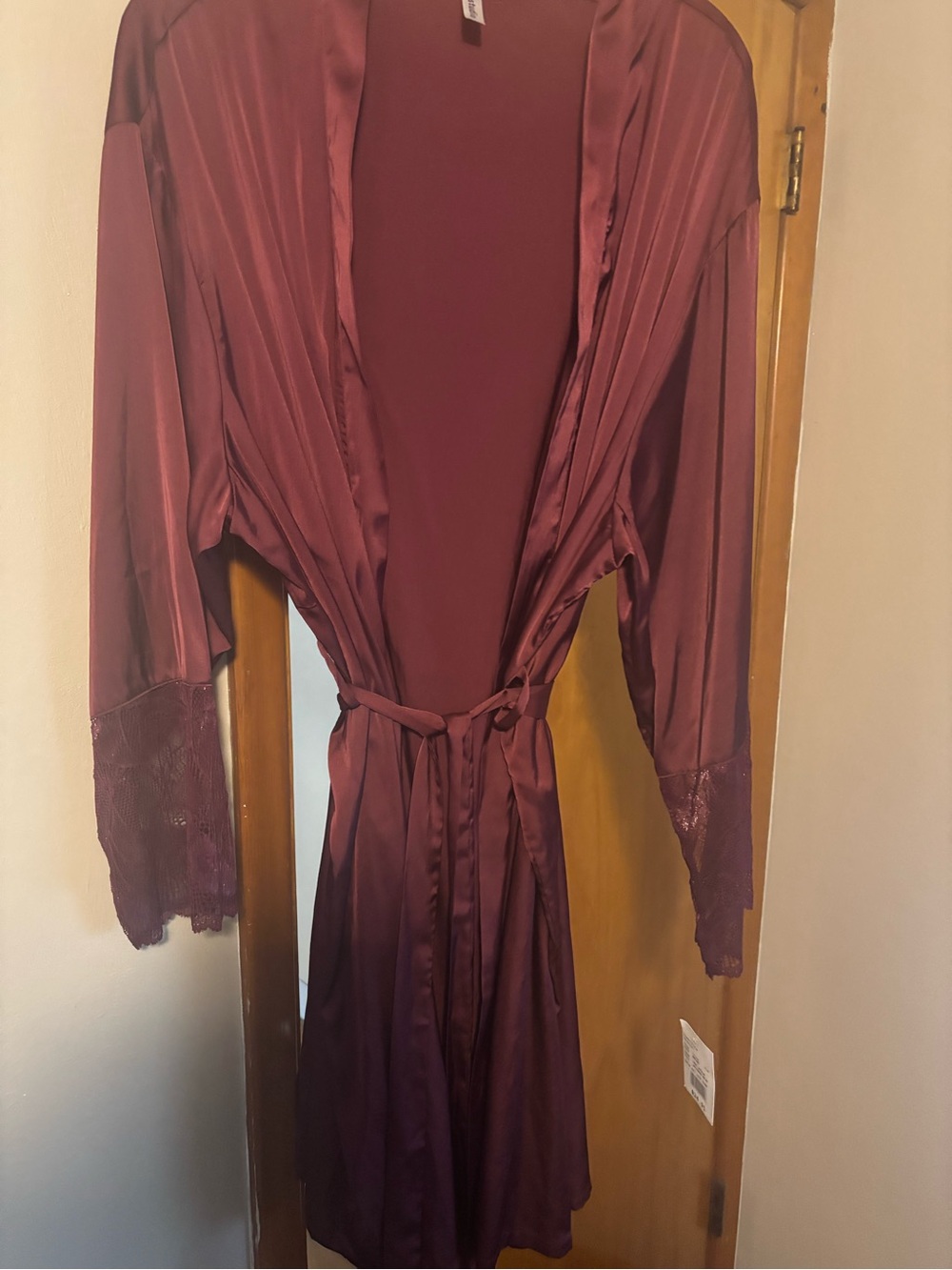 Satin Lace-Trim Robe - Burgundy